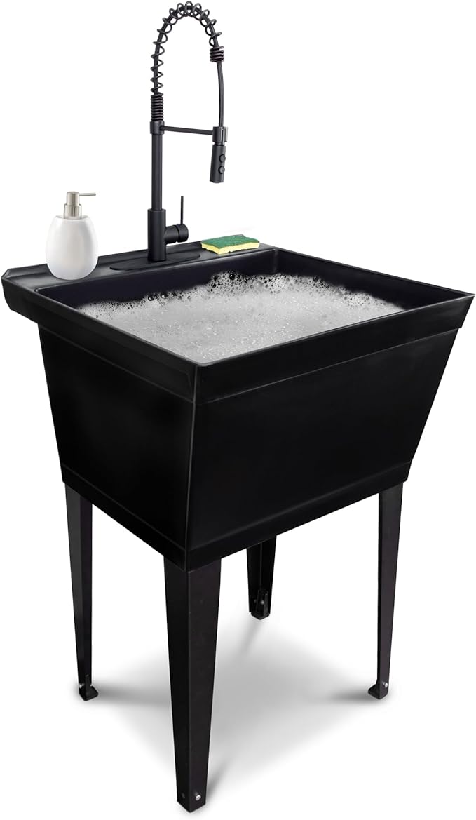 Utility Sink Extra-Deep Laundry Tub in Black with High-Arc Coil Pull-Down Sprayer Faucet in Matte Black, Integrated Supply Lines, P-Trap Kit, Heavy Duty Floor Mounted Freestanding Wash Station