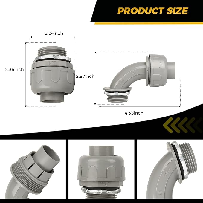 Conduit Connectors, 1 Inch Liquid Tight Connector NPT Non-Metallic for PVC Electrical Flexible Conduit Fittings, 30 Straight and 30 Angle 90 Degree, UL Listed, Grey (60-Pack)