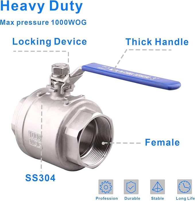 DERNORD Stainless Steel 304 Ball Valve, Full Port Heavy Duty for WOG with Locking Device (3" NPT)