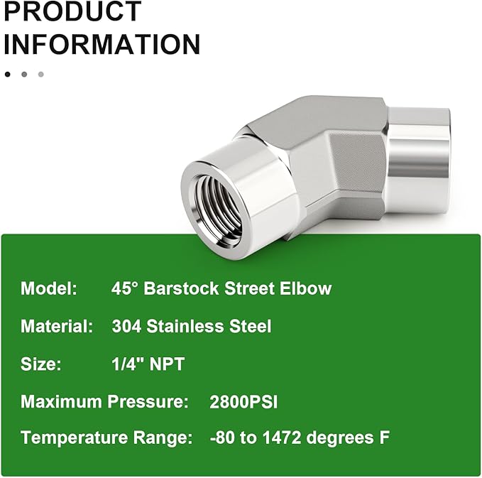 TAISHER 2PCS 304 Stainless Steel 45 Degree Barstock Street Elbow, 1/4" NPT Female x 1/4" NPT Female 304 Stainless Pipe Fitting
