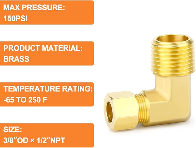 GASHER 5PCS Brass 90 Degree Elbow Compression Tube Pipe Fitting Connector, 3/8" Tube OD x 1/2" NPT Male Connector