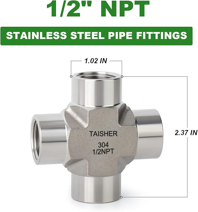 TAISHER 1PCS Forging of 304 Stainless Steel 4 Way Pipe Fittings, 1/2" x 1/2" x 1/2" x 1/2" NPT Female Pipe Fittings