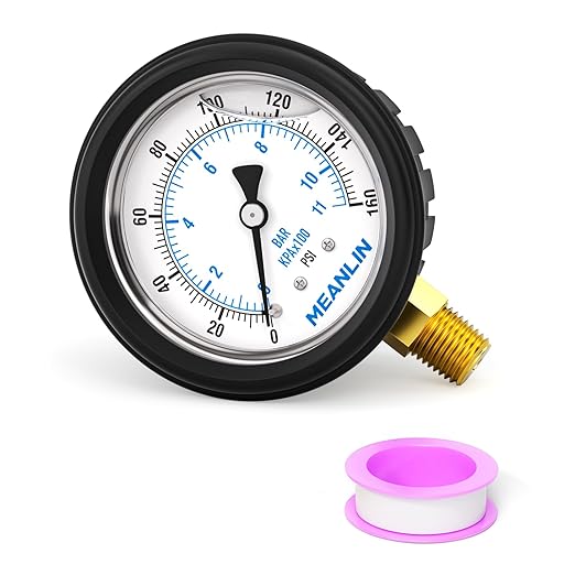 MEANLIN MEASURE 0~160Psi Stainless Steel Liquid Filled Pressure Gauge 1/4" NPT 2.5" FACE DIAL with Rubber Protective Sleeve, Lower Mount