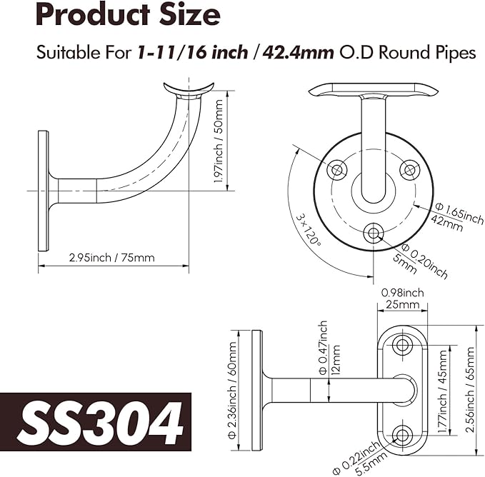 Hand Rail Bracket, 2 Pack Stainless Steel 304 Heavy Duty Hardware for 1-11/16 inch (42.4mm) Pipe Stairways, Home or Office Stair Support Handrail Brackets