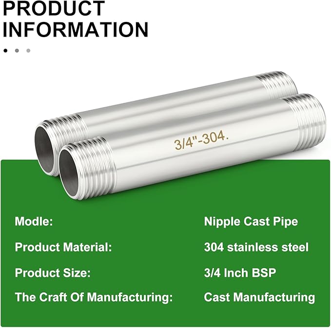 TAISHER 2PCS Stainless Steel Pipe Fittings, 3/4" BSP Male x 3/4" BSP Male Threaded, 4" Length Nipple Cast Pipe