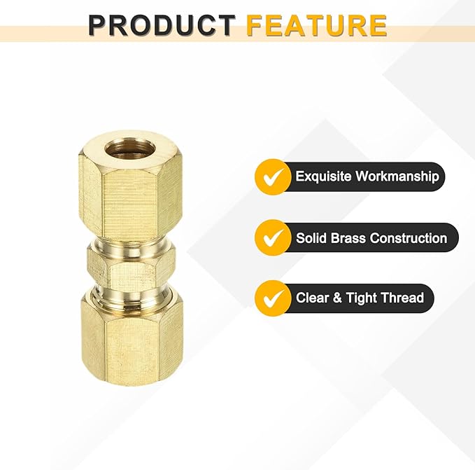 uxcell 10Pcs Brass Compression Tube Fitting, 1/4" Tube OD x 1/4" Tube OD Connector Straight Coupling Adapter Union Fittings