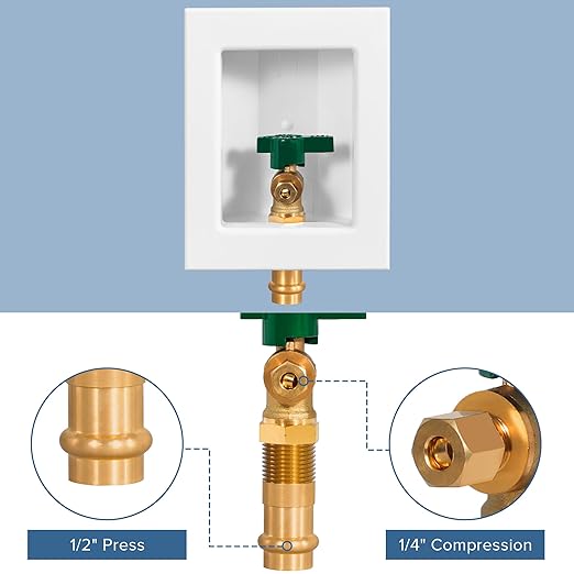 Pre-Assembled Ice Maker Outlet Box, 1/2-Inch Press x 1/4-Inch OD Compression with 1/4-Turn Ball Valve, Ice Maker Wall Box with Faucet