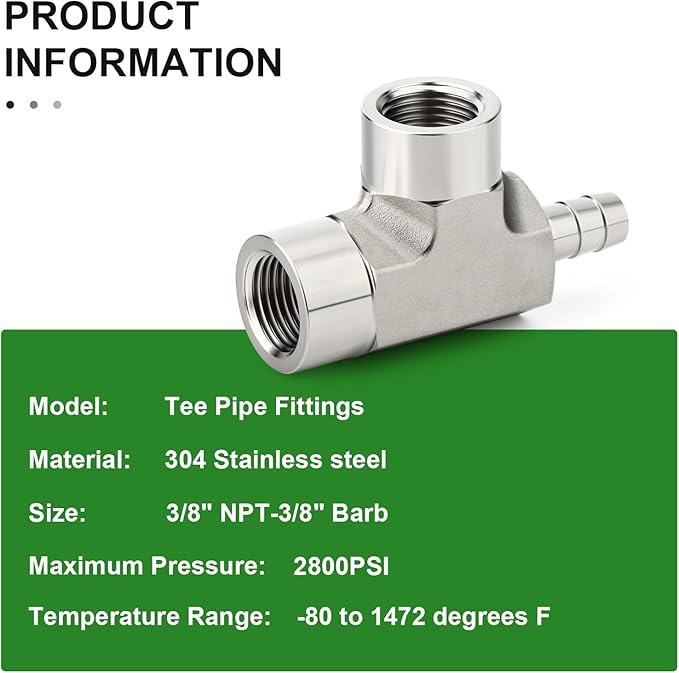 TAISHER 1PCS Forging of 304 Stainless Steel 3 Way Tee Hose Barb Fitting, 3/8" Hose Barb x 3/8" NPT Female x 3/8" NPT Female for Fuel/Air/Lquid/Gas with 2PCS Hose Clamp