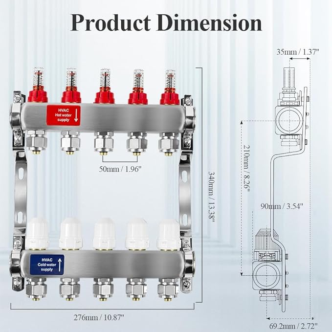 AB 5 Loop PEX/Radiant Manifold, 1/2 Inch Compatible Outlets, Up to 1.4 GPM Flow Valve for Hydronic Radiant Floor Heating(1/2" Connectors Included)