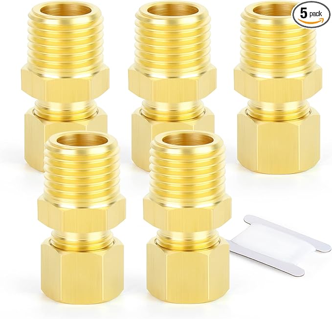 GASHER 5PCS Brass Compression Tube Pipe Fitting Connector, 1/2" Tube OD x 1/2" NPT Male Connector
