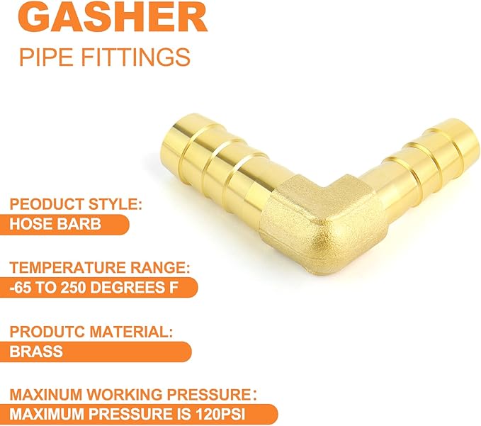 GASHER 2 Pieces Brass Hose Barb Reducer, 3/8 Inch to 5/16 Inch Barb Hose ID 90 Degree L Right Angle Elbow with 4 Hose Clamps, Brass Barb Reducer SPLICER Fitting Fuel/AIR/Water/Oil/Gas/WOG