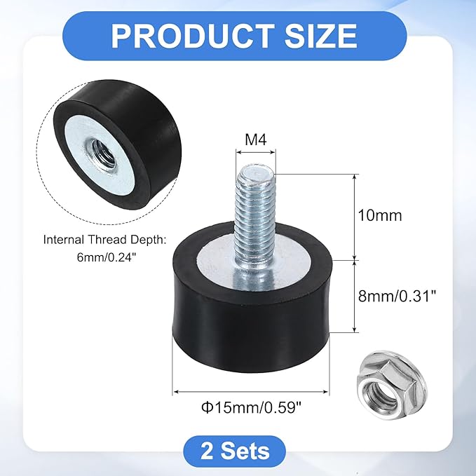 uxcell M4 Rubber Mounts, 2Pcs 15x8mm(DxH) Rubber Cylindrical Anti Vibration Isolator Shock Absorber with Lock Nut for Car Bobbin Generator Air Compressors