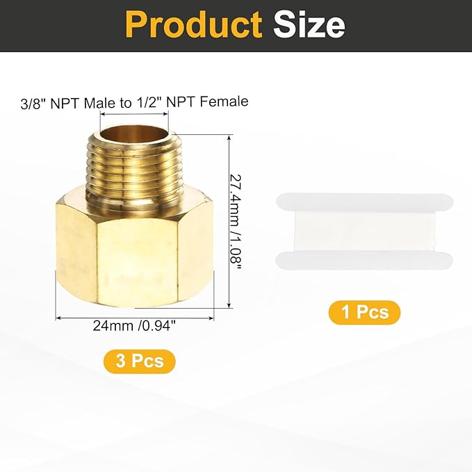 PATIKIL Brass Pipe Fitting, 3Pcs 3/8" NPT Male to 1/2" NPT Female Pipe Reducer Adapter Extension Connectors Brass Fittings for Water Gas Refrigeration