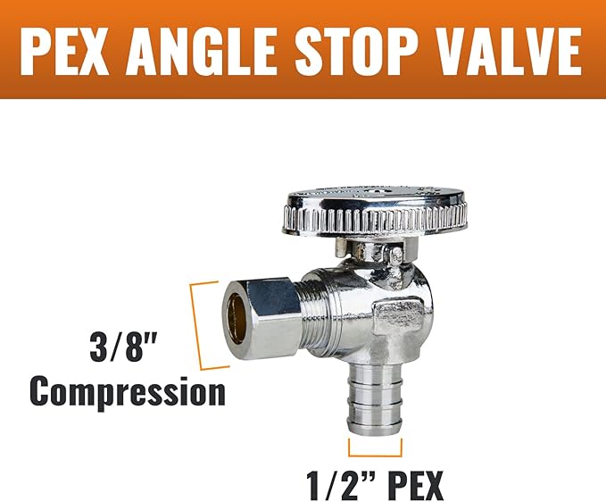 SUNGATOR 6-Pack Angle Stop Valve, 1/2" PEX x 3/8" OD Compression, Quarter Turn Chrome Plated, 1/2 inch Pex Shut Off Valves for Faucet and Toilet, UPC Certified