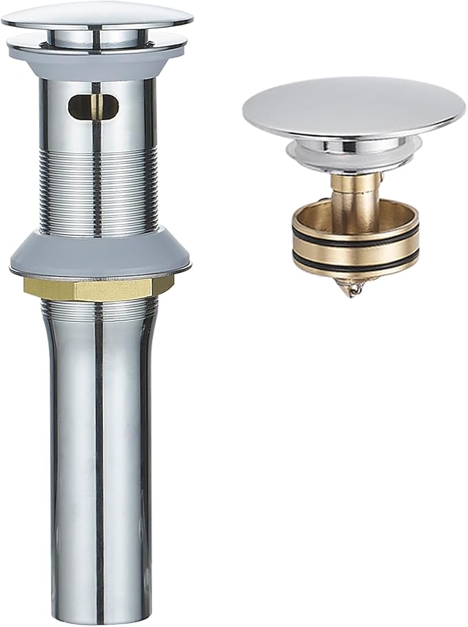 BWE PLT-01-C Metal Silver Bathroom Vessel Sink Drain Stopper with Overflow, Chrome One-Piece, Fits 1.65-1.97 Inch Drain Hole