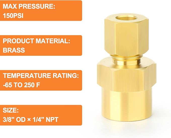 GASHER 10PCS Brass Compression Union Tube Pipe Fitting Connector, 3/8" Tube OD x 1/4" NPT Female Connector