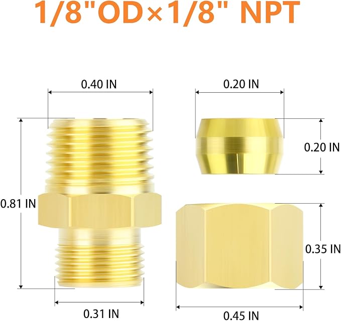 GASHER 10PCS Brass Compression Tube Pipe Fitting Connector, Straight Coupling Adapter 1/8" Tube OD x 1/8" NPT Male Connector