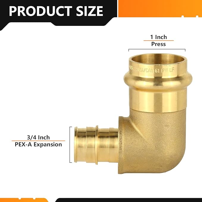 10-Pack HeSun Copper Press Fitting Elbow, 1" PRESS X 3/4" PEX-A F1960 Expansion Elbow, LF Brass