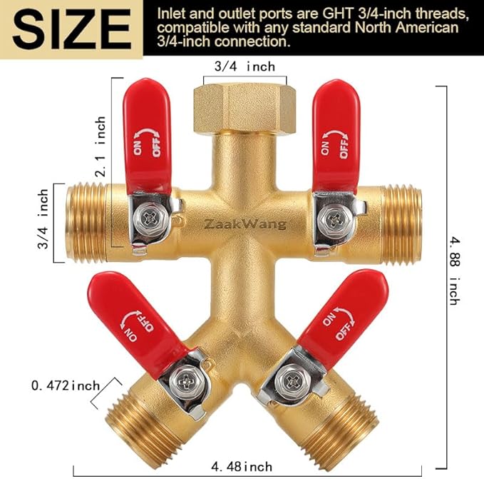 Garden Hose Splitter, 4-Way Full Flow Outdoor Faucet, Heavy Duty Brass Hose Manifold Wiht Red Long Handle, High Flow Faucet Adapter, 3/4-Inch GHT