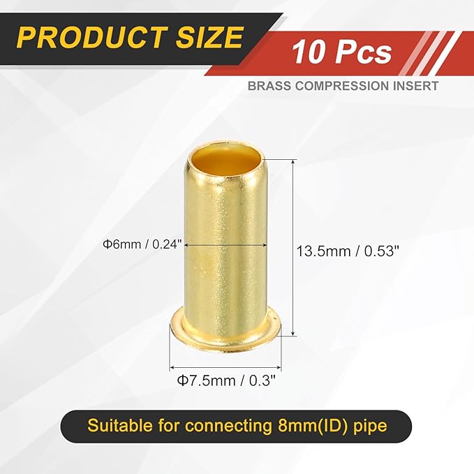 uxcell 10Pcs Fit for 6mm(1/4") Tube ID Brass Compression Fitting, Insert Tube Support Compression Sleeve Fitting, Sleeve Ferrules for Water Oil Air Pipe