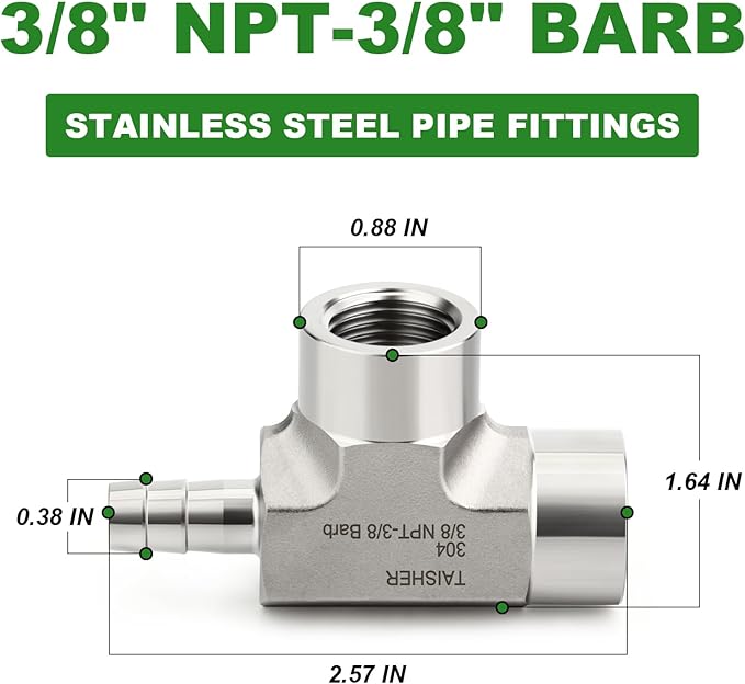 TAISHER 1PCS Forging of 304 Stainless Steel 3 Way Tee Hose Barb Fitting, 3/8" Hose Barb x 3/8" NPT Female x 3/8" NPT Female for Fuel/Air/Lquid/Gas with 2PCS Hose Clamp