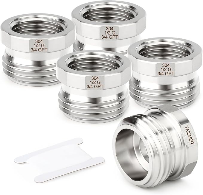 TAISHER 5PCS 304 Stainless Steel Garden Hose Adapter, Hex Bushing 3/4" GHT Male x 1/2" BSP Female Garden Hose Connector