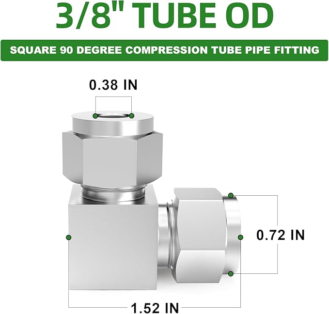 TAISHER 1PCS 304 Stainless Steel Square 90 Degree Compression Tube Pipe Fitting Connector, 3/8" Tube OD x 3/8" Tube OD Adapter