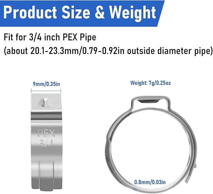 Kodilin 70-Pack 3/4 Pex Crimp Rings, Heavy-Duty 304 Stainless Steel Single Ear Pex Clamps Wider & Thicker Pex Cinch Clamps for Superior Grip & 360° Seal, Fits PEX Tubing Pipe Fitting Connections