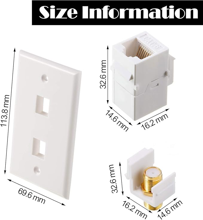 Weewooday 8 Pieces Cat 6 Ethernet Wall Plates, Cat 6 Coax Wall Plate with Ethernet Port and Gold-Plated TV Coax F-Type Port (White)