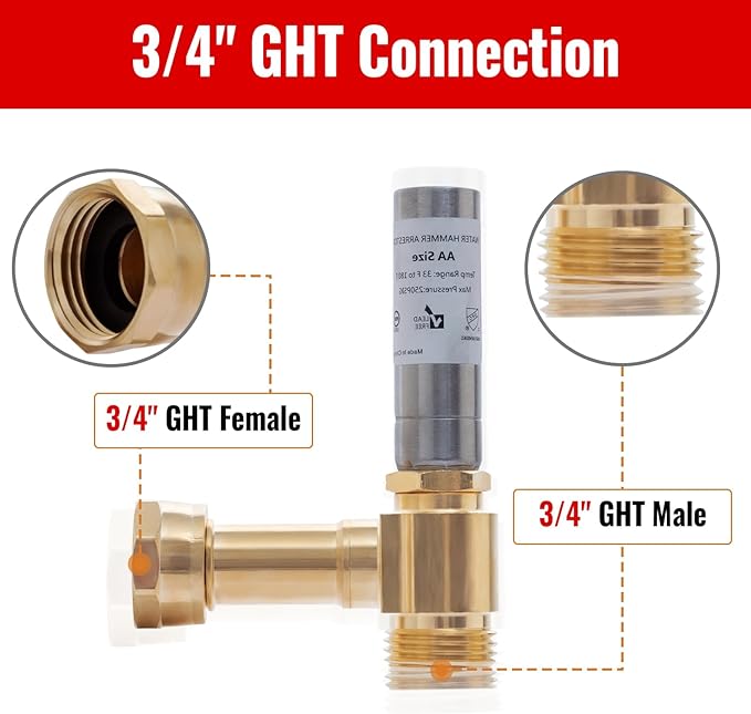 SUNGATOR 3/4 Inch Stainless Steel Water Hammer Arrestor, 3/4" GHT Male x 3/4" GHT Female Angle Hammer Arrestor for Washing Machine, Absorb Shock and Reduce Noise, with Sealing Tape (1 Pack)