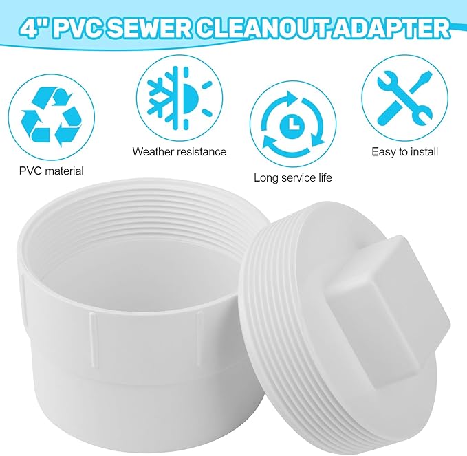 4" PVC Sewer Cleanout Adapter with Plug Pipe Fitting, PVC DWV Flush Sewer Cleaning Cap for Outdoor Garden and Garage Drainage Systems