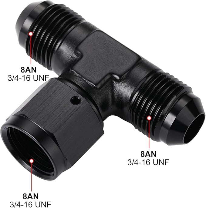 8AN Male Flare Tee T Fitting Adapter with AN8 Female Swivel On Side Aluminum Black