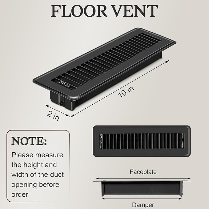 4 PCS Floor Vents Floor Registers 2x10 inch, Heavy Duty Metal Heat Air Vent Covers 2 X 10 with Rust Proof Finish for Home Office Wall Floor Registers Grilles & Vents (4, Black, 2x10 Inches)
