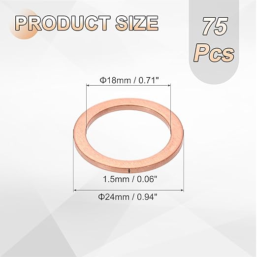 uxcell 75Pcs M18 Flat Washer Copper Washer Sealing Rings, 18mm ID 24mm OD 1.5mm Thickness Copper Crush Washers Metric Sealing Gasket for Plumbing Machinery Automotive