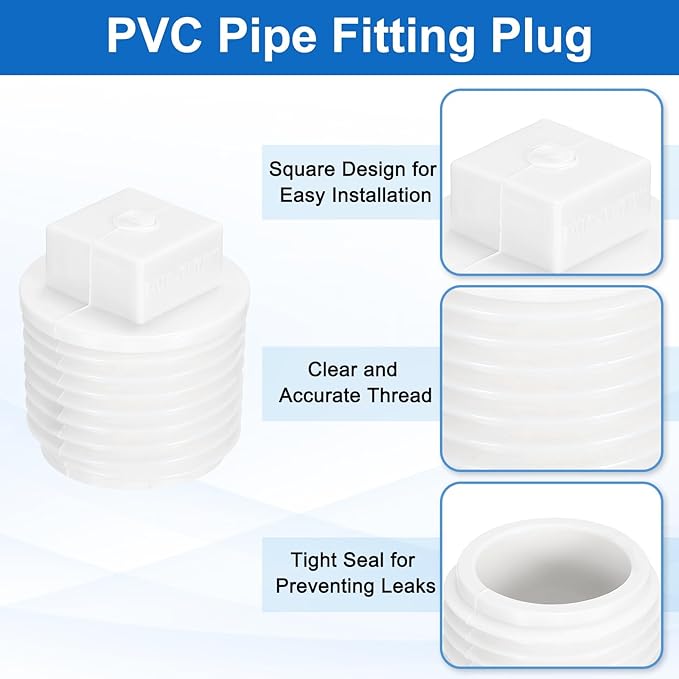 uxcell 10Pcs 1/2 Inch PT Male Thread PVC Pipe Fitting Plug, Cleanout Plugs, Water Drain End Caps Coupling Adapter with Tape for Water Heater Supply Lines, Plumbing, White