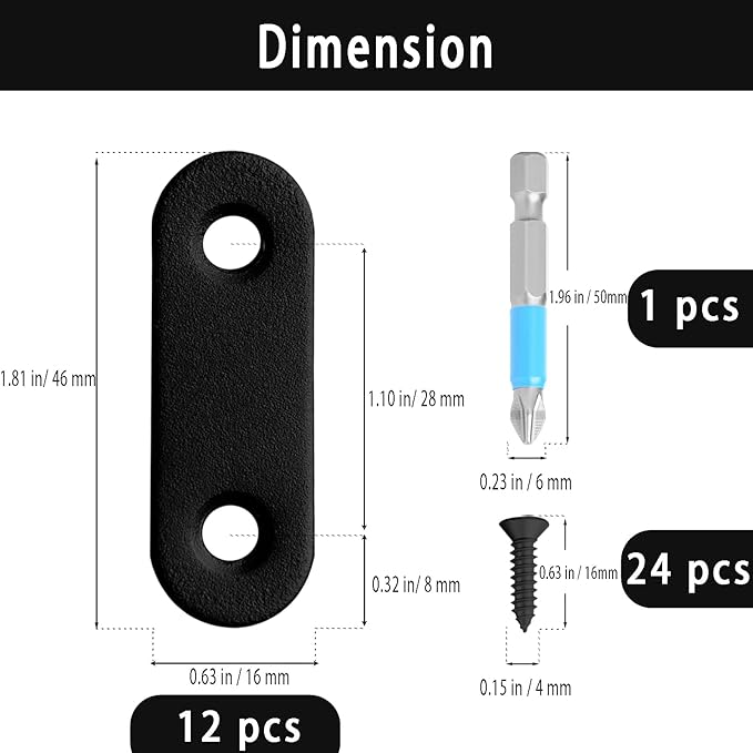 12 Pcs Mending Plate, 1.81 x 0.6 inch Stainless Steel Flat Plates with Holes, Straight Metal Mounting Braces Brackets Kit for Furniture, Wood Joint Connector (Black, 1.81 inch)