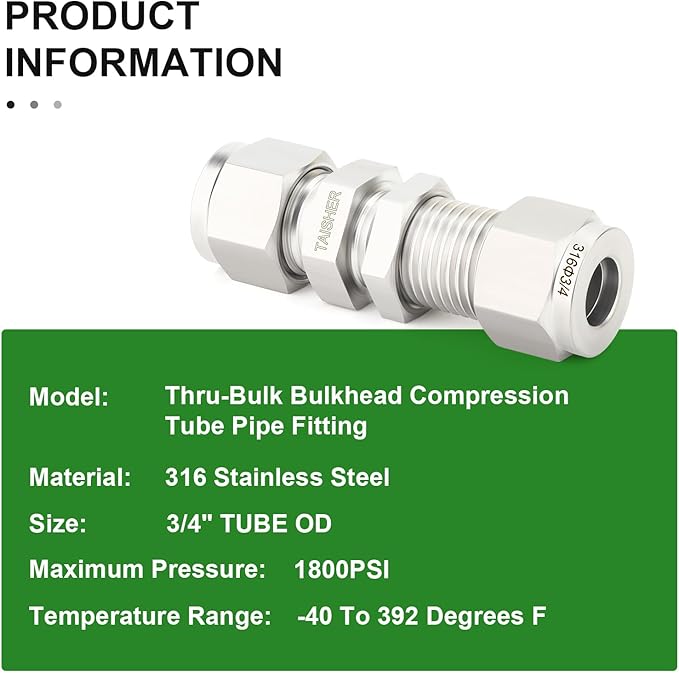 TAISHER 1PCS 316 Stainless Steel Thru-Bulk Bulkhead Compression Tube Pipe Fitting Connector, 3/4" Tube OD x 3/4" Tube OD Straight Adapter
