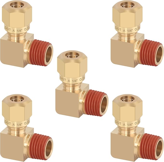 5PCS D.O.T Compression Fittings Brass 90 Degree Union Elbow Joint DOT Approved 1/4" Tube OD x 1/4" NPT Thread Air Brake Line Adapter Air Suspension Kit for Car Truck Trailers