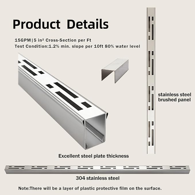 Pool Deck Drain Channel, 2.3" W x 3.3' L, 304 Stainless Steel Channel Drain Outdoor, Deck Drainage System with Coupling, Trench Drain System for Pool Decks, Patios,Walkways, Courtyards, Paver.