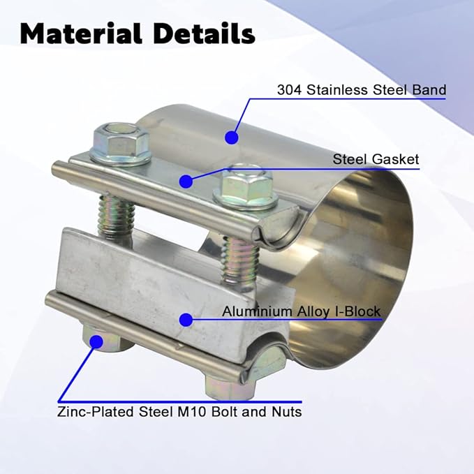 ID 2-1/2 Inch Lap Joint Butt Exhaust Clamp, Stainless 63mm Exhaust Coupler Clamp fit for OD 2.5 inch Pipes