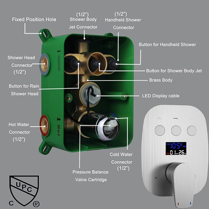 3 Way Shower Mixer Valve Kit Brushed Nickel Solid Brass Digital Display Temperature Control Pressure Balancing Mixer Shower Diverter Valve Kit Replacement