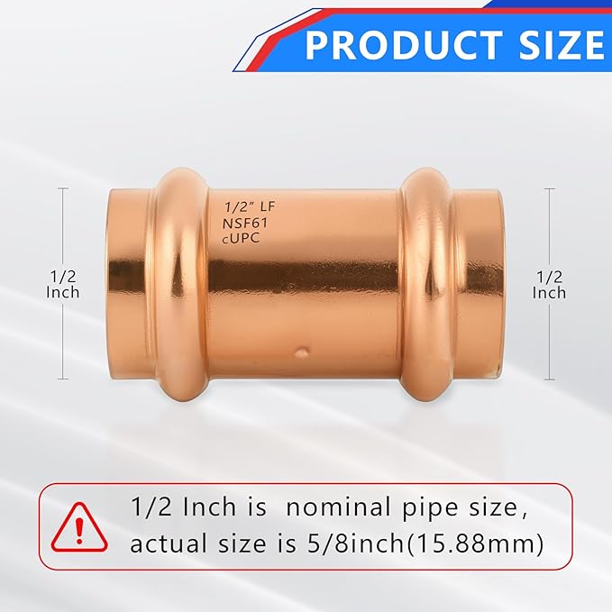 Copper Press Fittings 1/2 Inch Coupling with Stop, No-Lead Plumbing Pipe Connector | Compatible with Copper Pipes, Water Supply & Hydronic Heating Systems | Durable Press Fit Design,5-Pack