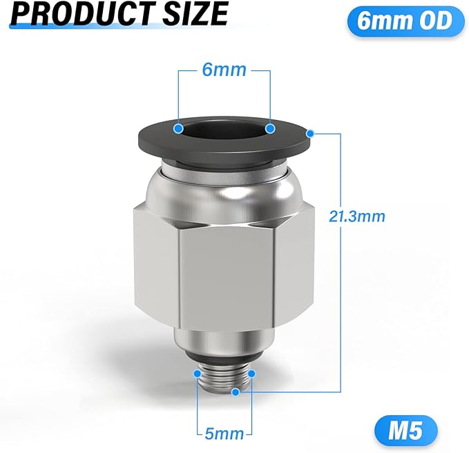 TAILONZ PNEUMATIC Male Straight 6mm Tube OD x M5 Thread Push to Connect Fittings PC6-M5(Pack of 10)