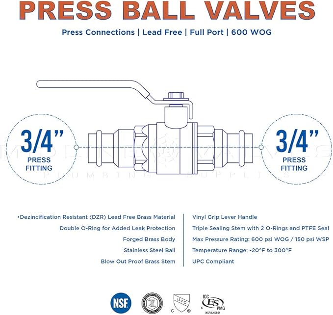 Midline Valve 5 Pack 3/4 Inch Press Ball Valve with Double-O-Ring, Full Port Press Ball Valve with 3/4" Connections, Brass Finish