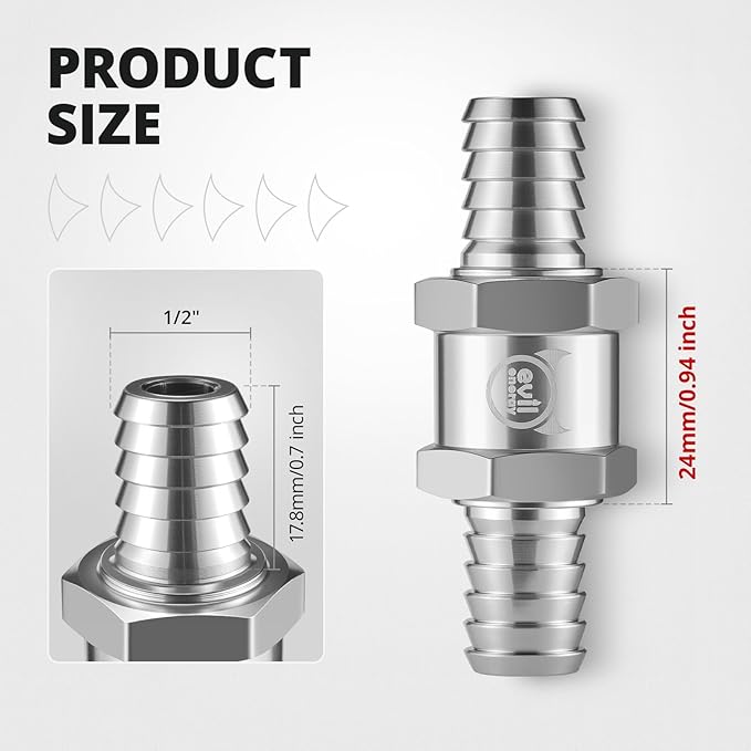 EVIL ENERGY 1/2" (12mm) Check Valve, 3 Pcs Aluminum One Way Fuel Check Valve for Gasoline, Diesel & Coolant with Universal Hose Clamps, Silver