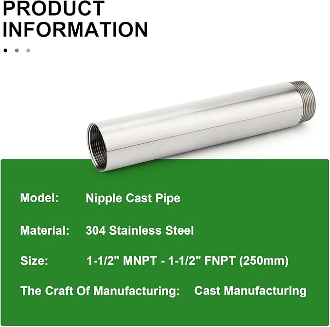 TAISHER 1PCS Stainless Steel Pipe Fittings, 1-1/2" NPT Male x 1-1/2" NPT Female Threaded, 10" Length Nipple Cast Pipe