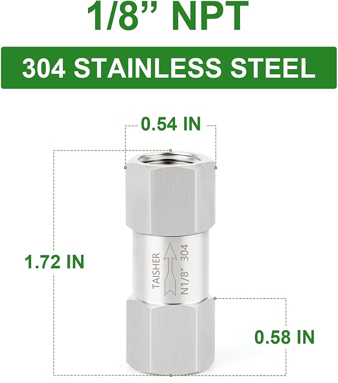 TAISHER 1PCS 304 Stainless Steel 1/8" NPT Female Check Valve,Backflow Prevention,One Way Non-Return Check Valves