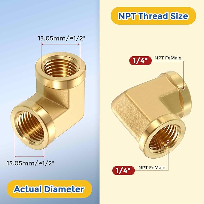 5 Pack Brass Pipe Fittings, 90 Degree 1/4" FeMale NPT to 1/4" FeMale NPT Barstock Street Elbow with Sealing Tape, Forged Pipe Fitting Connector for Air, Oil, LP