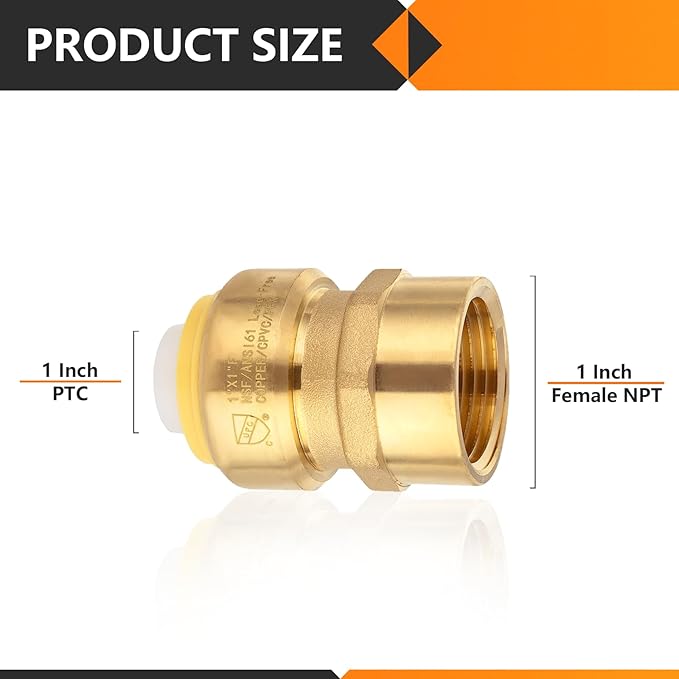 2-Pack HeSun Pushfit Female Adapter, 1" FNPT x 1" Push to Connect Plumbing Fittings with Disconnect Clip, Brass Push-fit Fittings for PEX, Copper, CPVC, PE-RT Pipes(PF154-2)
