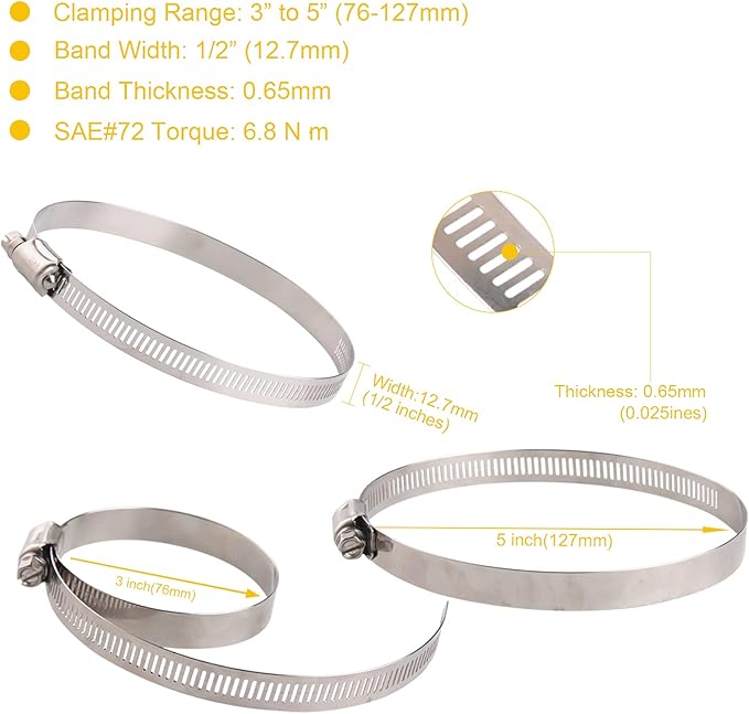 WINL Stainless Steel 4 Inch Hose Clamps- 8PK SAE 72 Worm Gear Drive Hose Clamps 3 Inch-5 Inch (76-127mm) for Automotive Plumbing, 3 1/2’, 3.5'', 3 3/4’’, 4'', 4 1/2’’, 4.5'', 4 3/4''